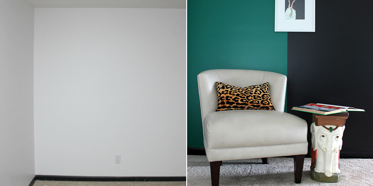 Before and After of colour blocking on a wall