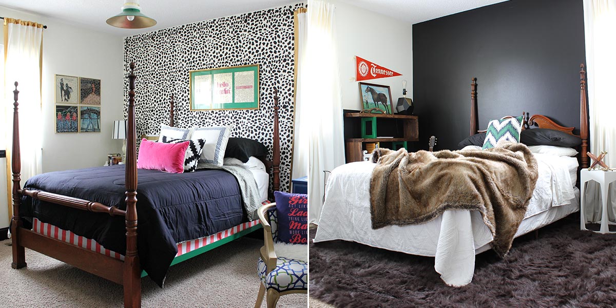 Before and After of Guest Bedroom, to solid black accent wall