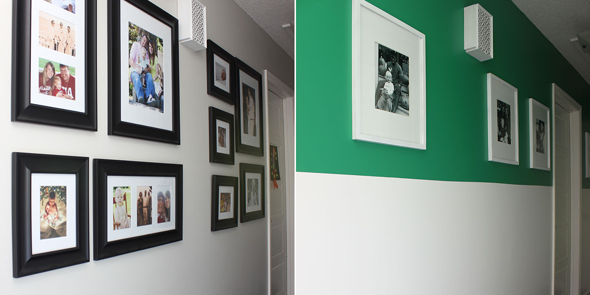 Before and After of hallway, vibrant green accent about wainscoting