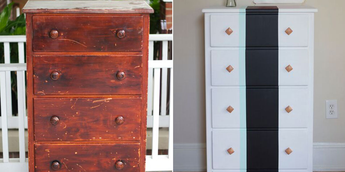 Before and After of Bedroom Chest with decorative striping