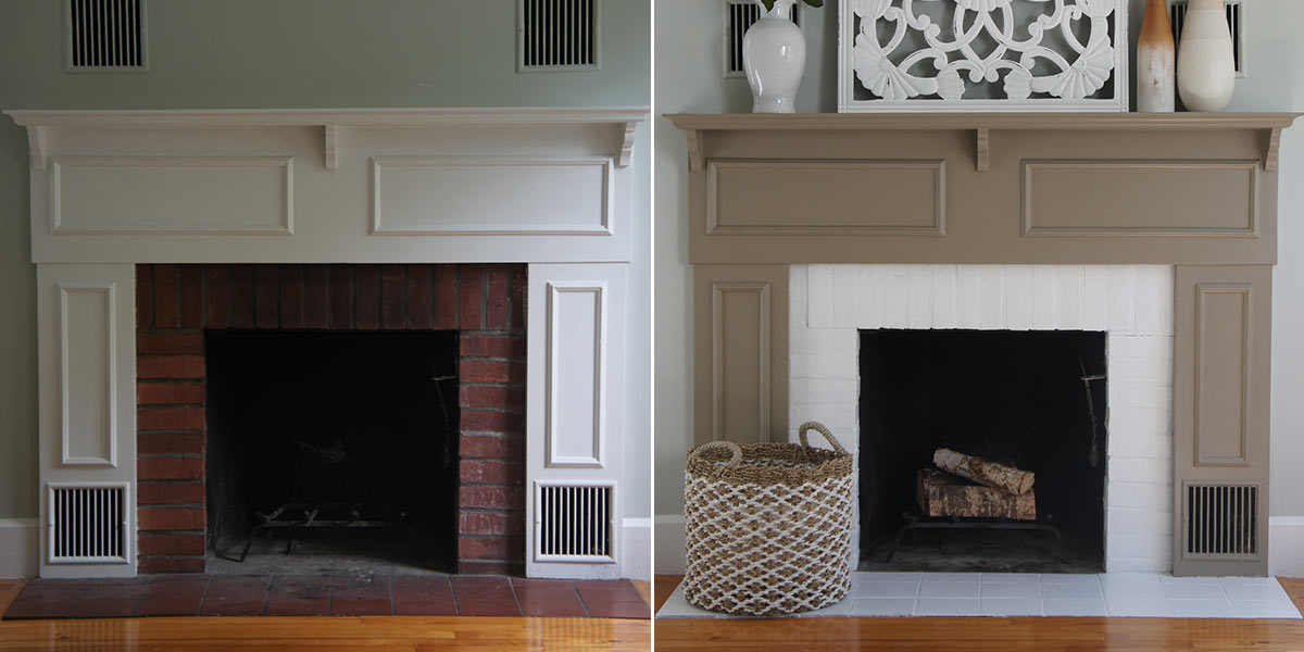 Before and After of Fireplace Mantle Refresh, painted in neutral hue