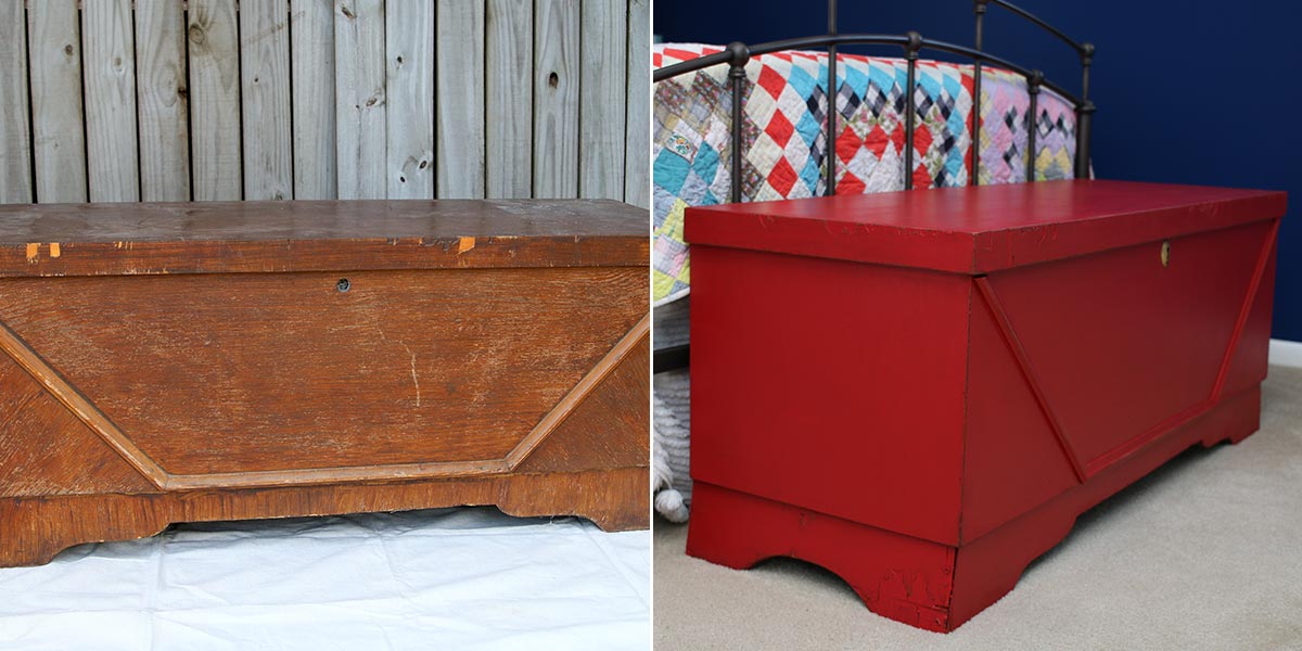Before and After of Blanket Chest, painted in vibrant pink