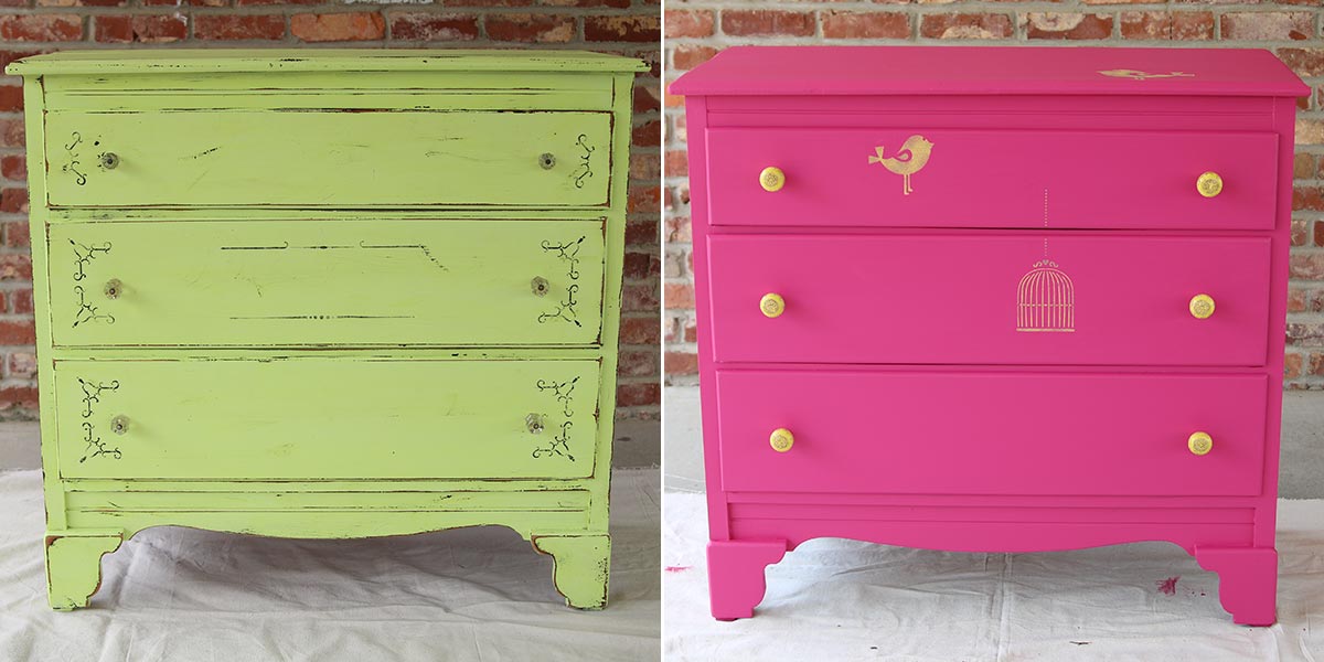 Before and After of Bedroom Dresser painted in bright pink