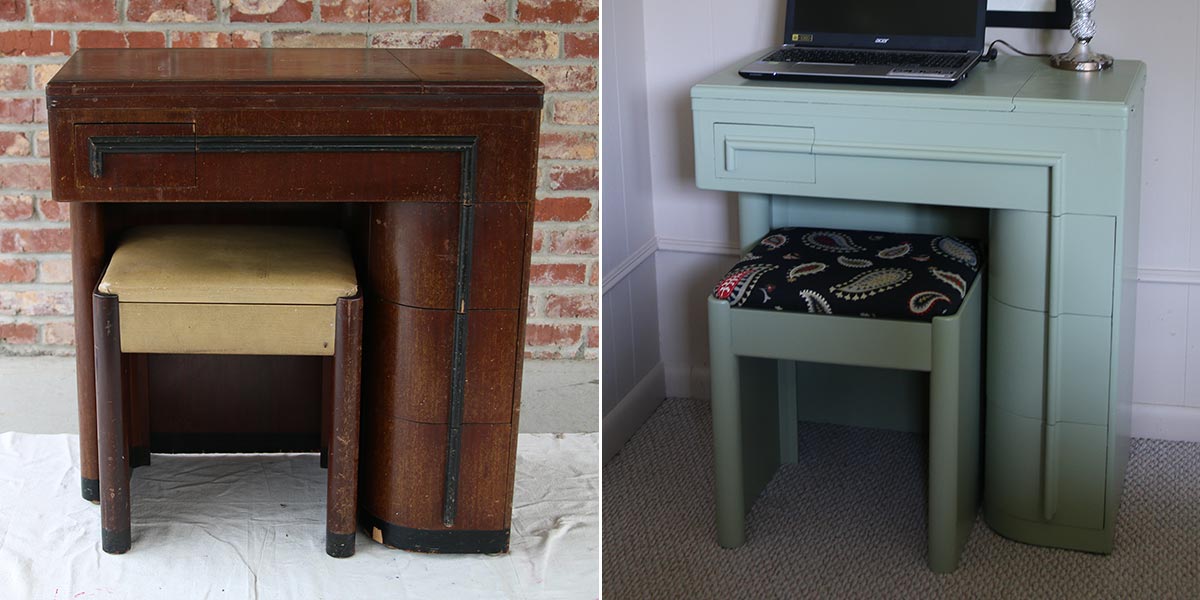 Before and After of sewing machine cabinet transformed into desk