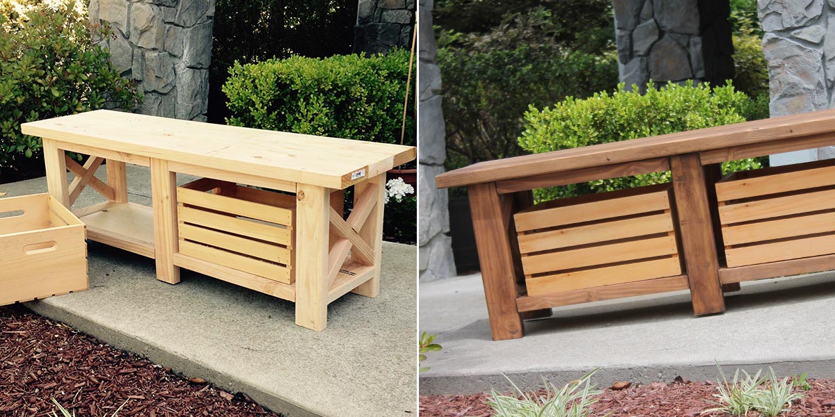 Before and After of stained outdoor bench