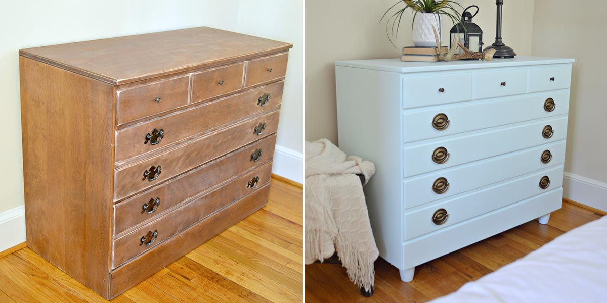 Before and After of Bedroom Dresser, painted in pale blue