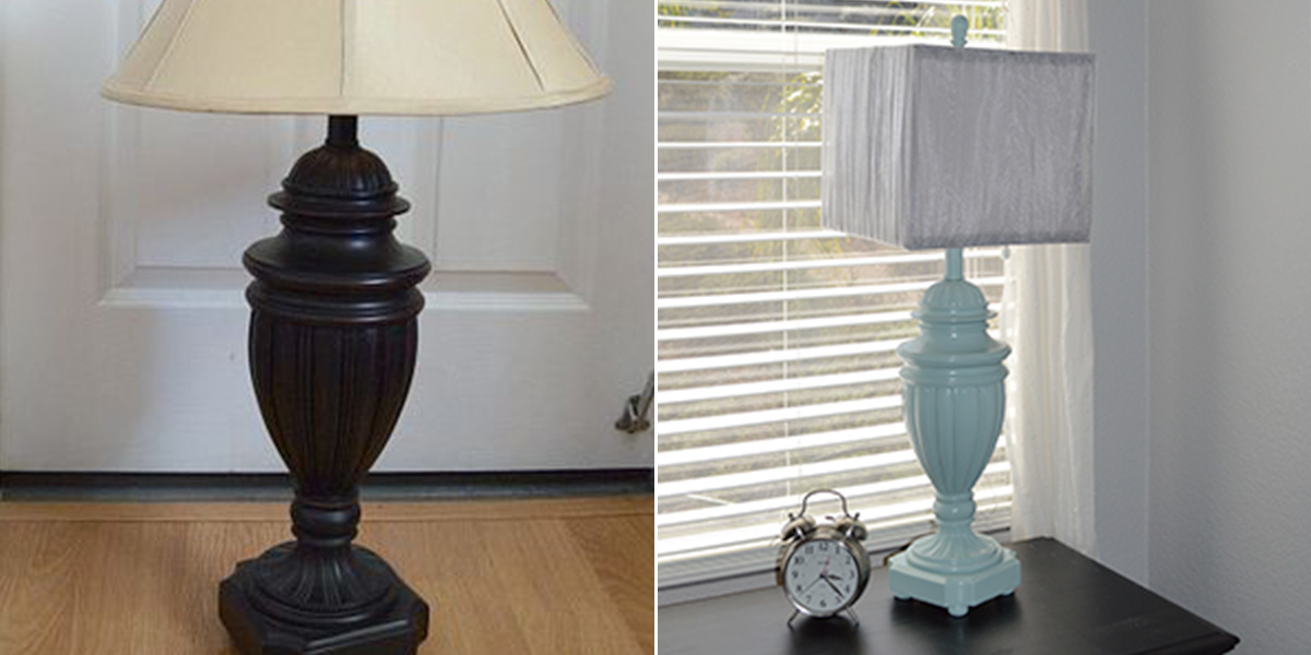 Before and After of a table lamp, painted pale blue