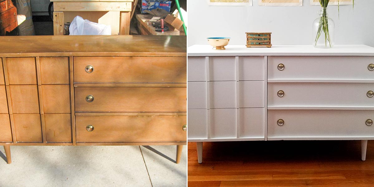 Before and After of Mid Century Modern Dresser, painted.