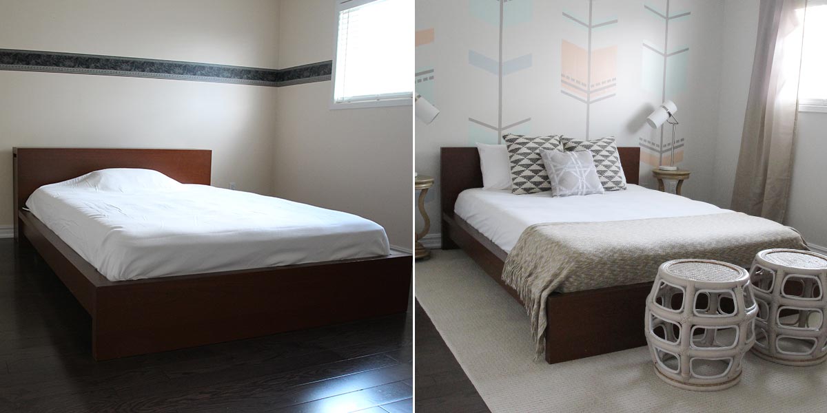 Before and After of Guest Bedroom, with elaborate pastel geometric accent wall