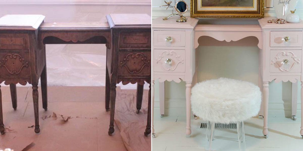Before and After of vanity dressing table, painted pale pink