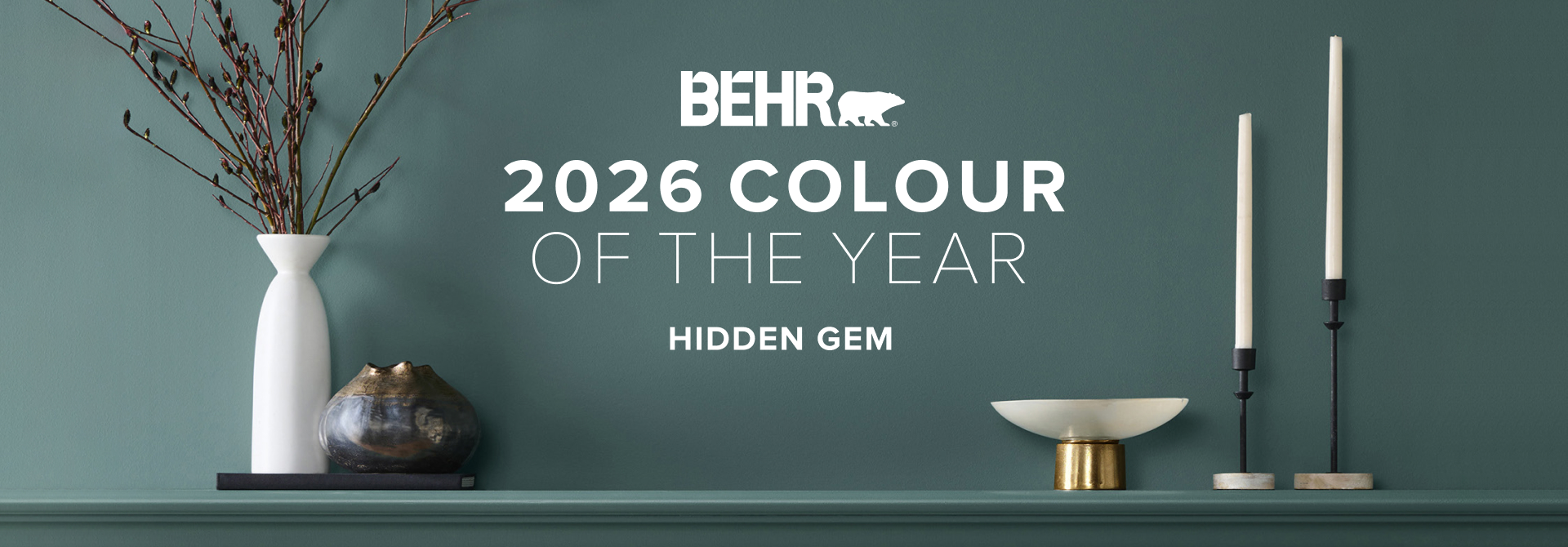 Living room painted in Hidden Gem, featuring Behr 2026 Colour of the Year, Hidden Gem
