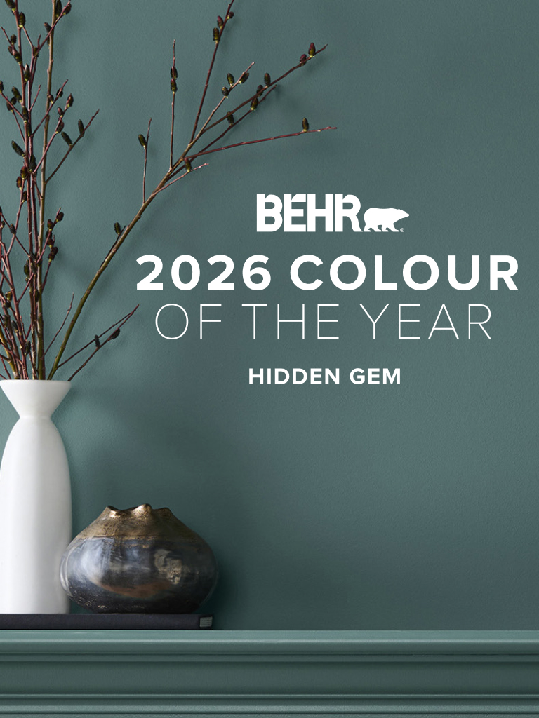 Mobile-sized banner of a living room painted in Hidden Gem, featuring Behr 2026 Colour of the Year, Hidden Gem