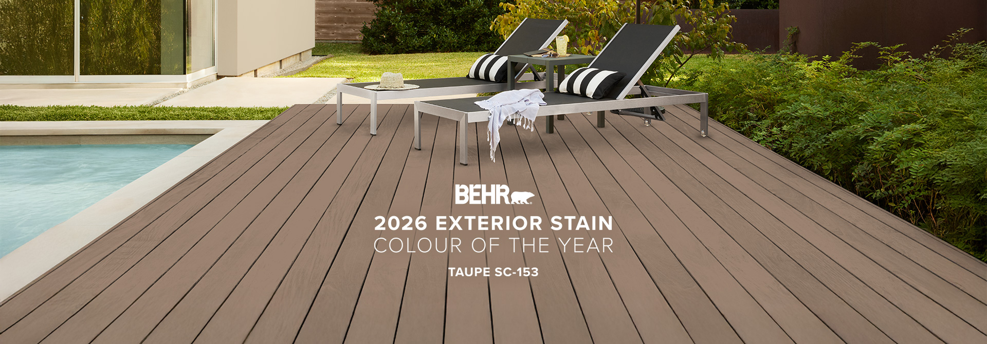 Wooden deck stained in Taupe, featuring Behr 2026 Colour of the Year, Taupe