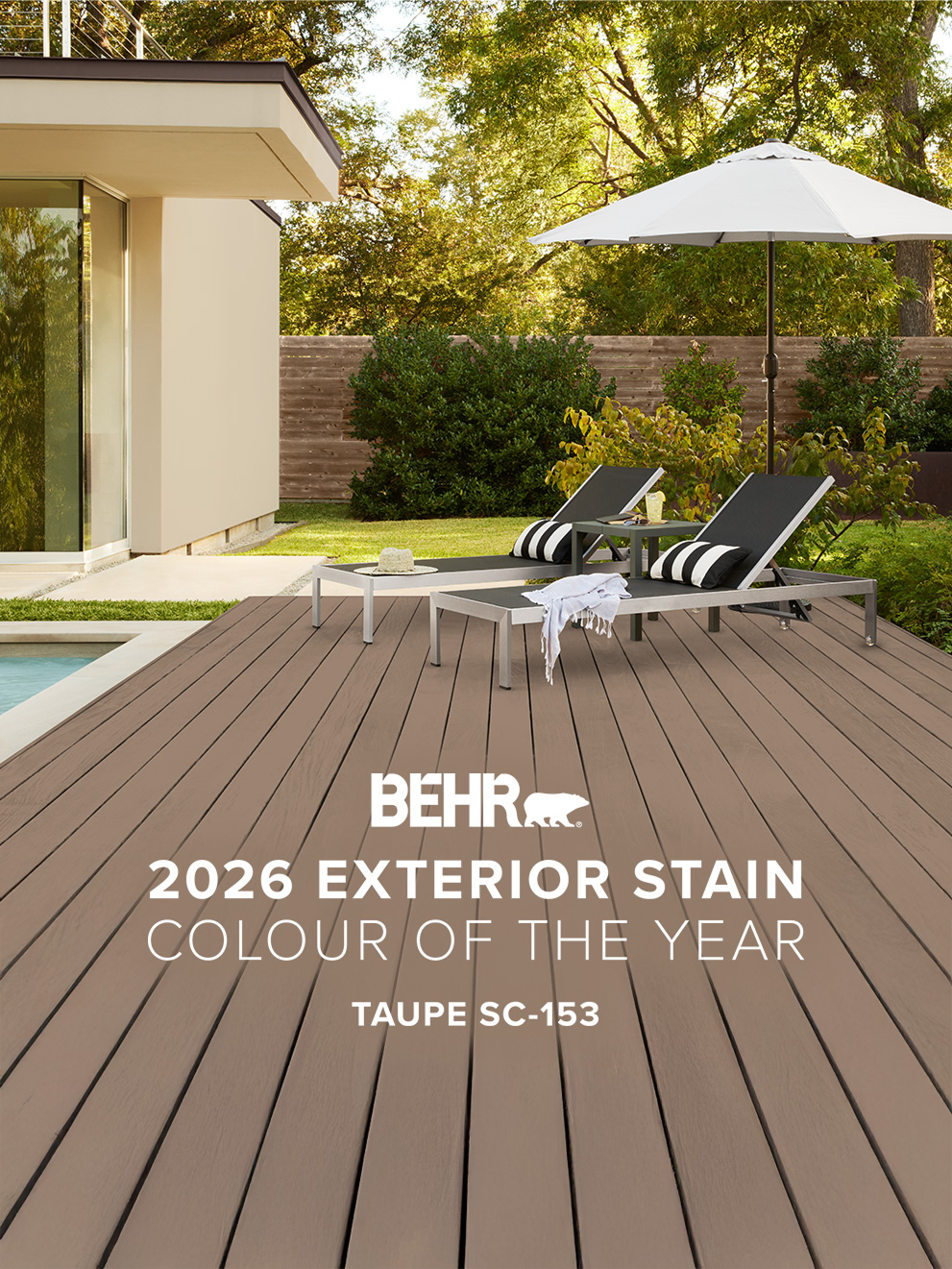 Mobile-sized image of a wooden deck stained in Taupe, featuring Behr 2026 Colour of the Year, Taupe