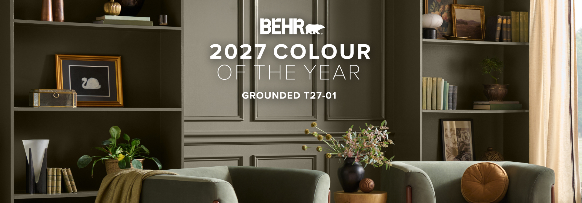 Living room painted in Grounded, featuring Behr 2027 Colour of the Year, Grounded