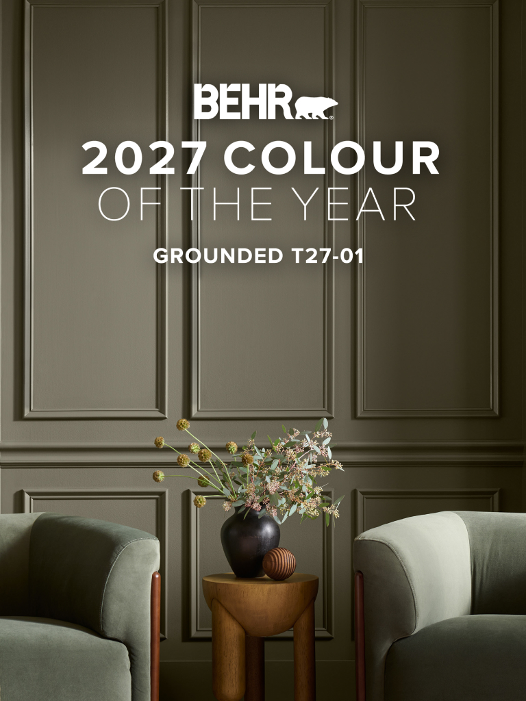 Mobile-sized banner of a living room painted in Grounded, featuring Behr 2027 Colour of the Year, Grounded