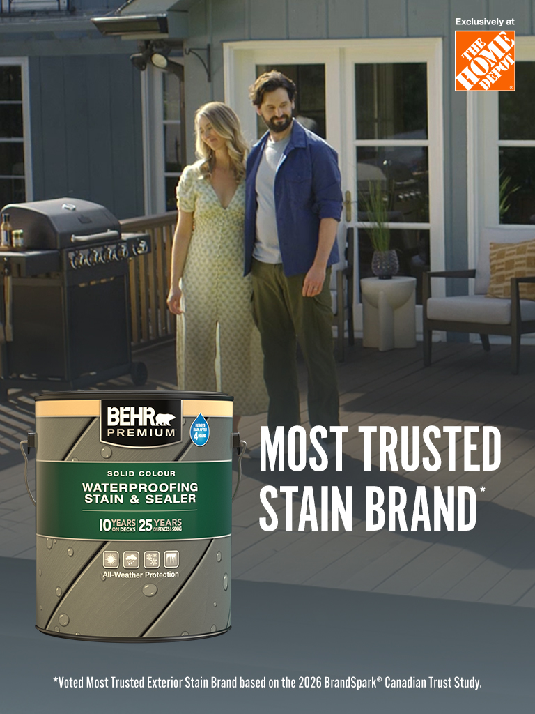 Mobile-sized image of a family admiring their newly stain deck and the words Most Trusted Stain Brand in foreground.