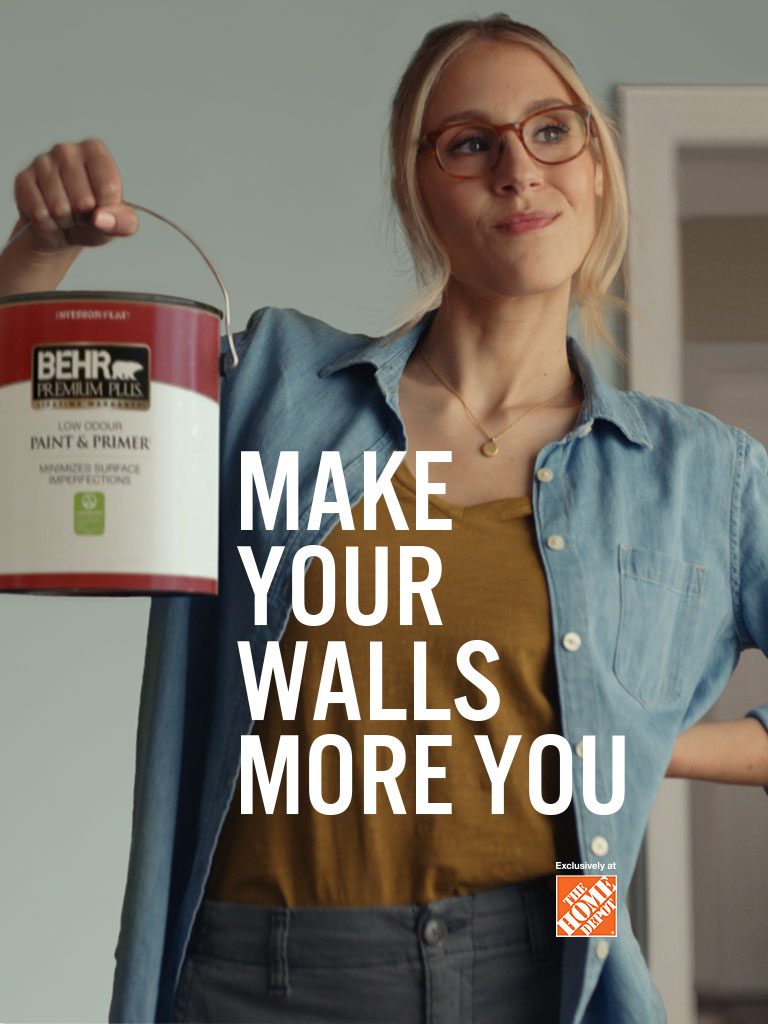 Mobile-sized image of a can of BEHR PREMIUM PLUS Flat interior paint and the words Most Trusted Paint Brand* in foreground.