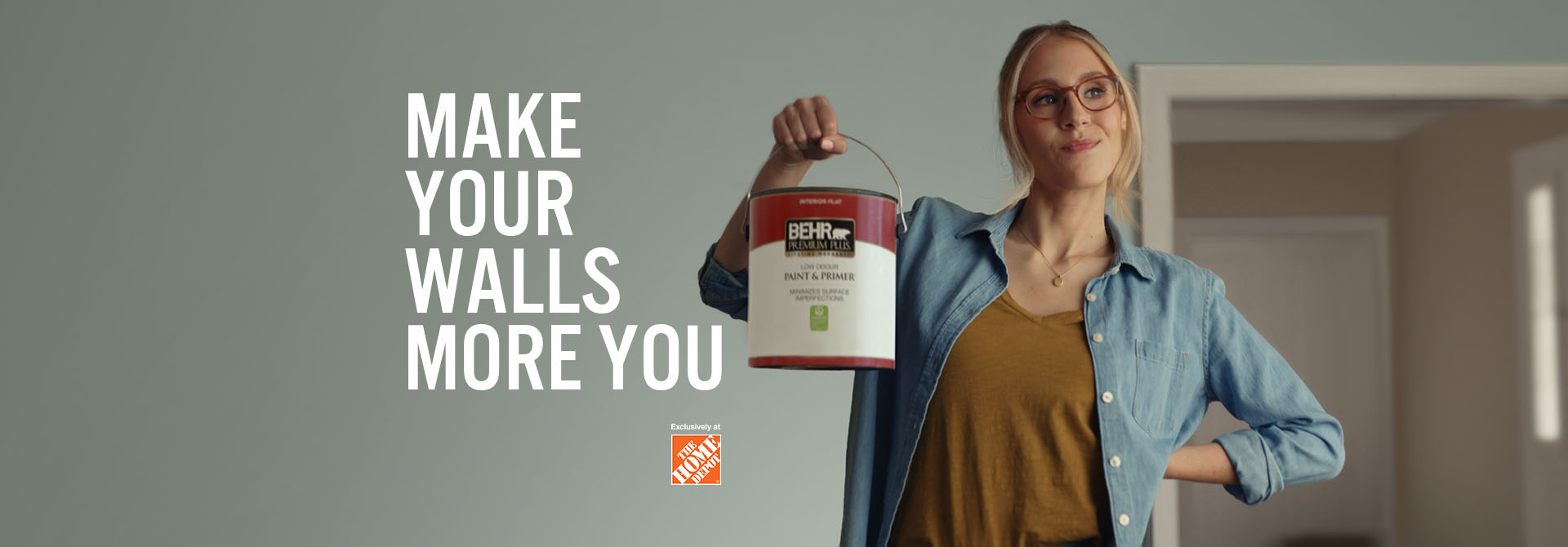 Can of BEHR PREMIUM PLUS Flat interior paint and the words Most Trusted Paint Brand* in foreground.