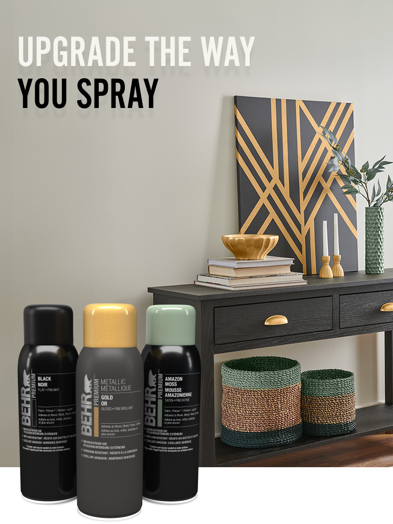 Mobile-sized image of Behr Premium Spray paint cans with with furniture in the background and text overlay that says Upgrade the way you spray.
