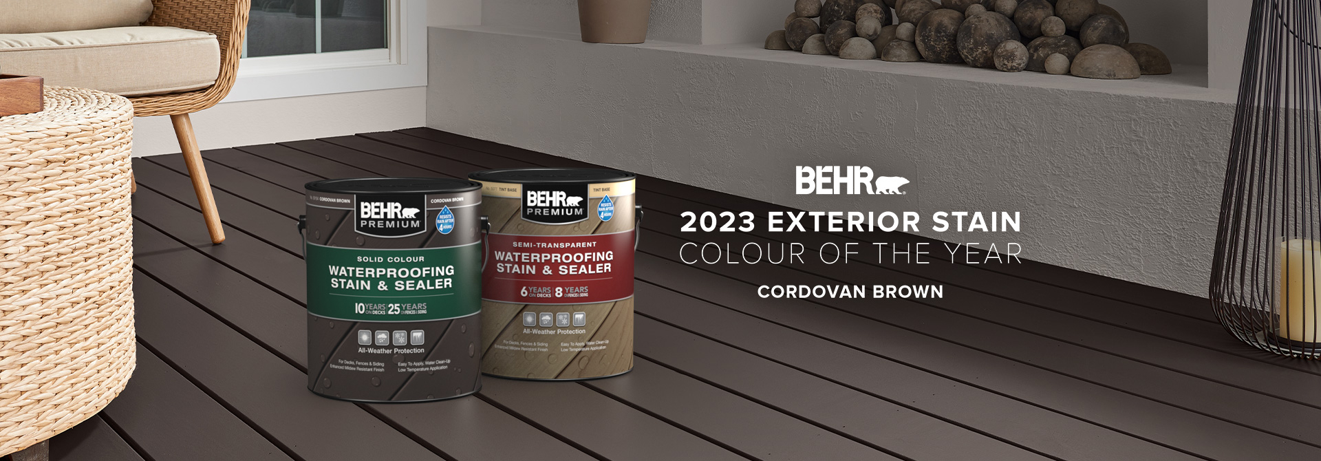 Wooden deck stained in Cordovan Brown, featuring Behr 2023 Color of the Year, Cordovan Brown