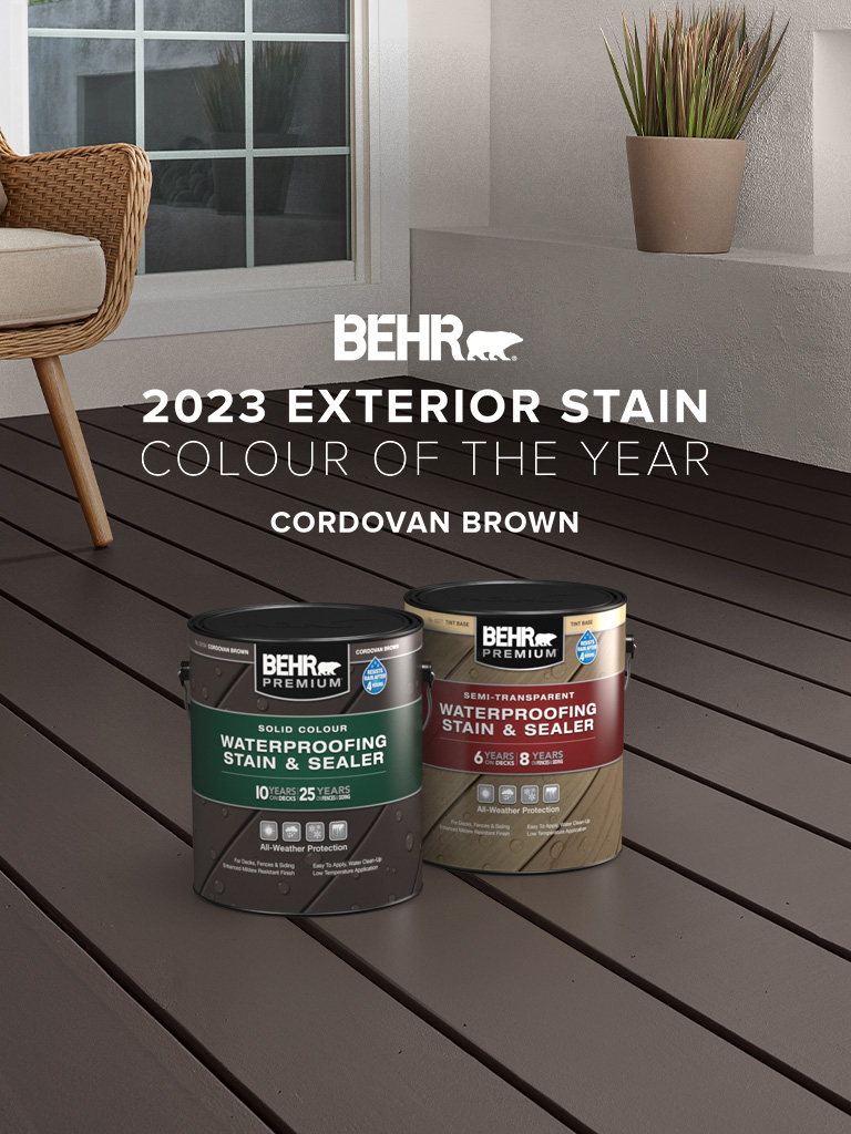 Mobile-sized image of a wooden deck stained in Cordovan Brown, featuring Behr 2023 Color of the Year, Cordovan Brown