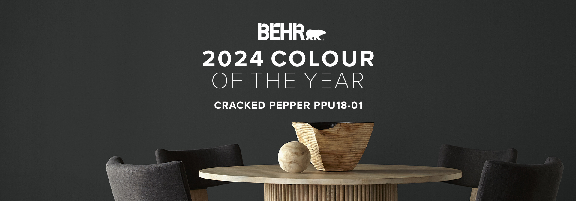 Dining room painted in Cracked Pepper, featuring Behr 2024 Colour of the Year, Cracked Pepper