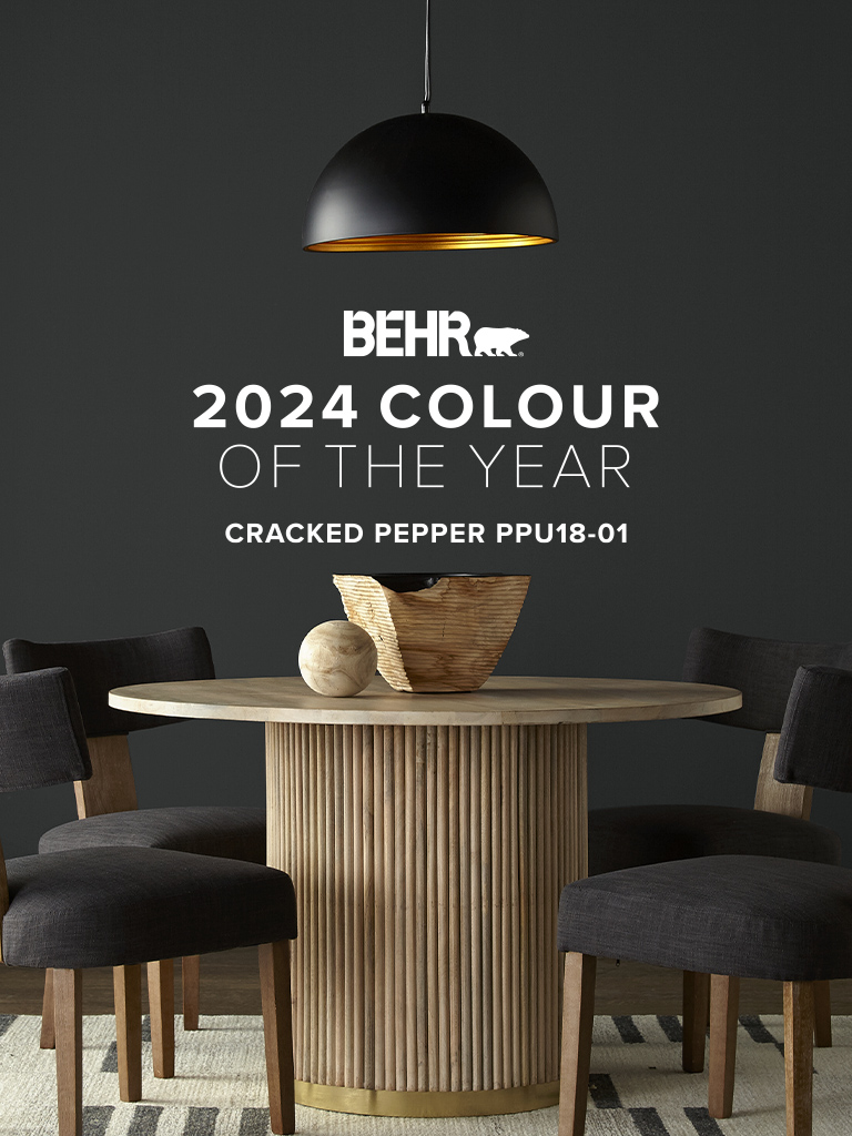 Mobile-sized banner of a dining room painted in Cracked Pepper, featuring Behr 2024 Colour of the Year, Cracked Pepper