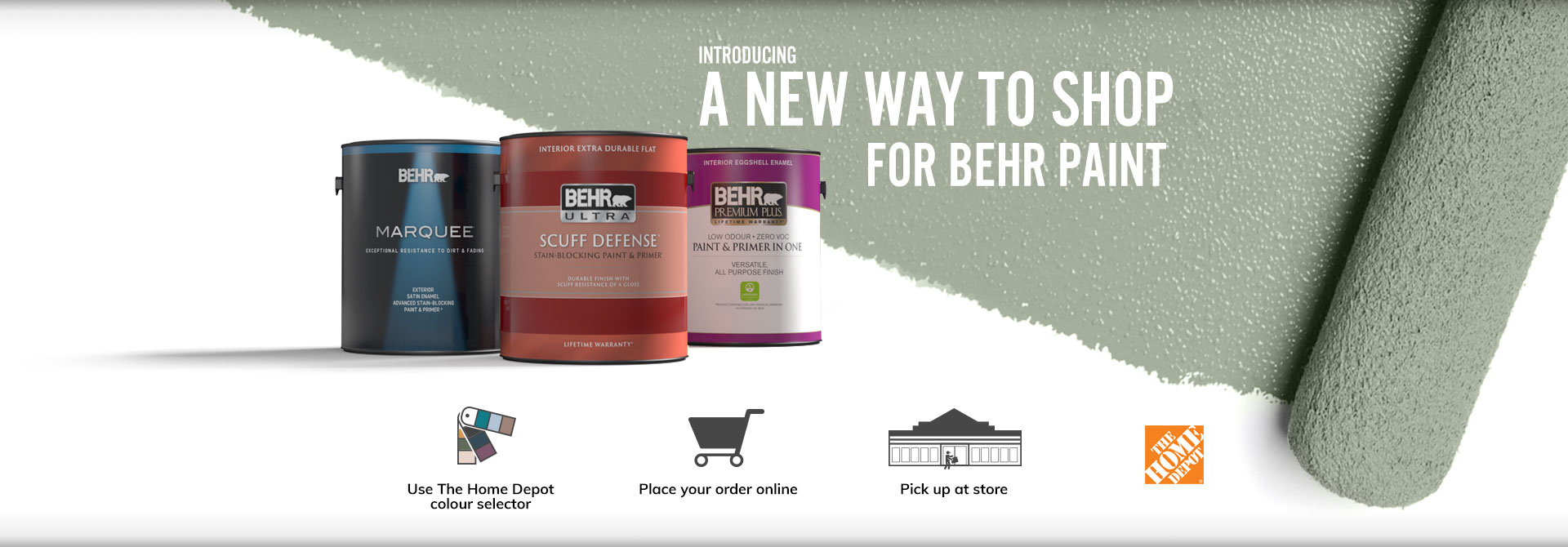 Behr Interior paint cans with a paint roller in the background and text overlay that says Introducing a new way to shop for Behr Paint.