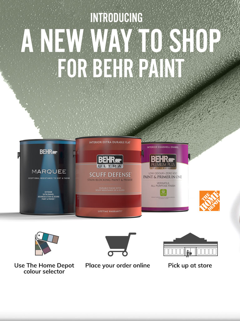 Mobile-sized image of Behr Interior paint cans with a paint roller in the background and text overlay that says Introducing a new way to shop for Behr Paint