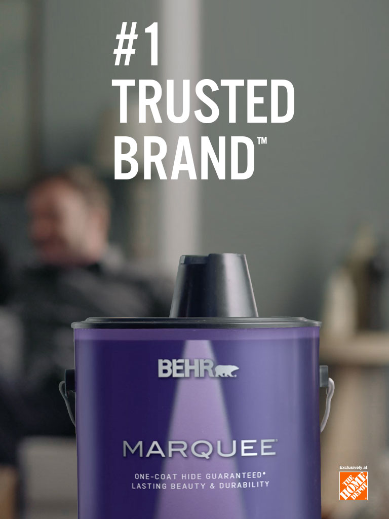 Mobile-sized image of a can of BEHR MARQUEE interior paint and the words #1 Trusted Paint Brand in foreground.