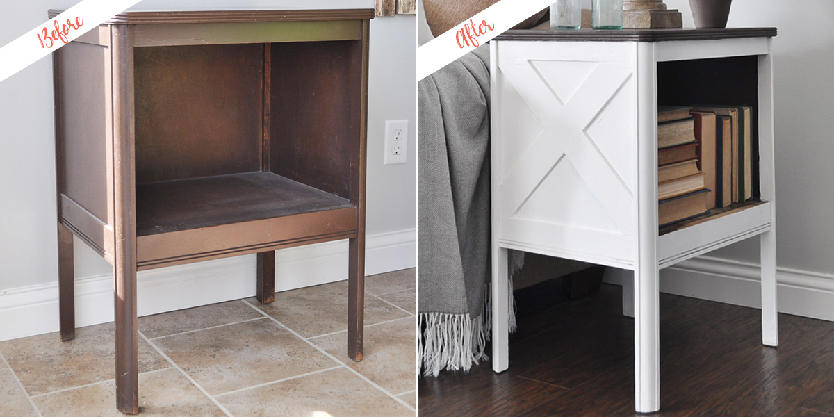 farmhouse style side table before and after fresh paint