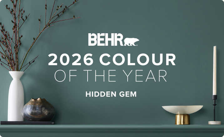 Banner image of a fireplace mantel featuring the 2026 Colour of the Year, Hidden Gem