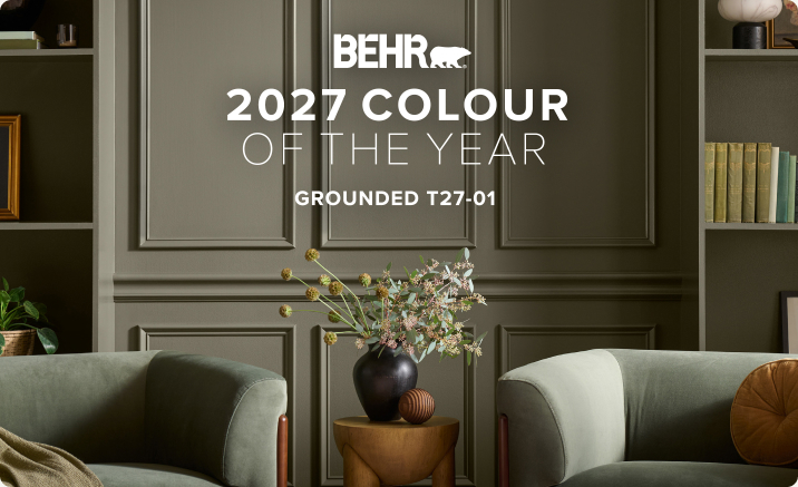 Banner image of a living room featuring the 2027 Colour of the Year, Grounded