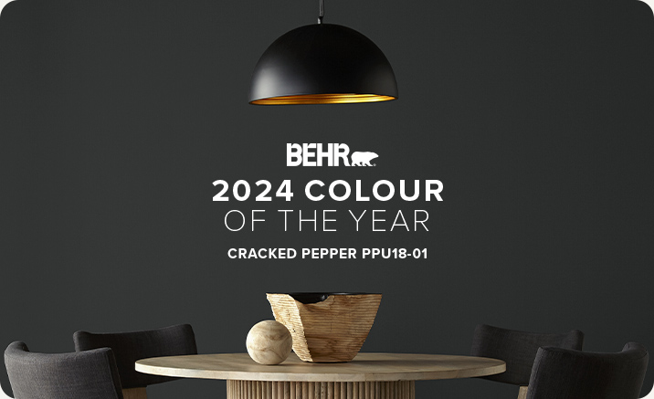 Banner image of a dining room featuring the 2023 Colour of the Year, Cracked Pepper