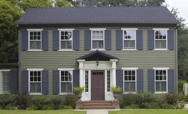 Front of a green house with blue shutters