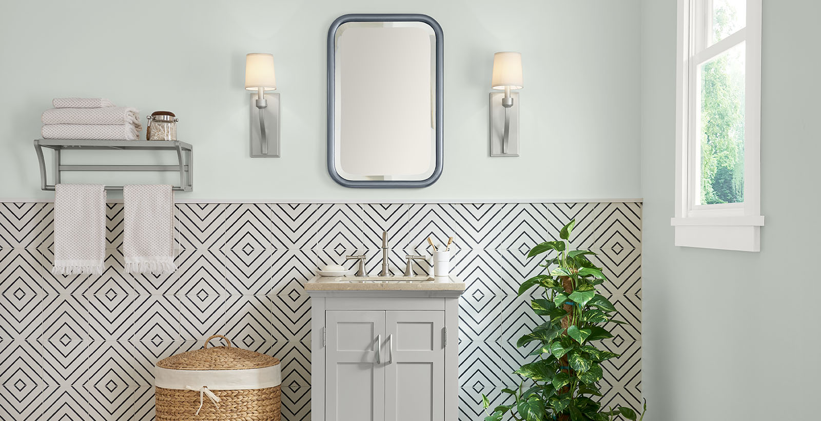 green eclectic cheerful & friendly bathroom