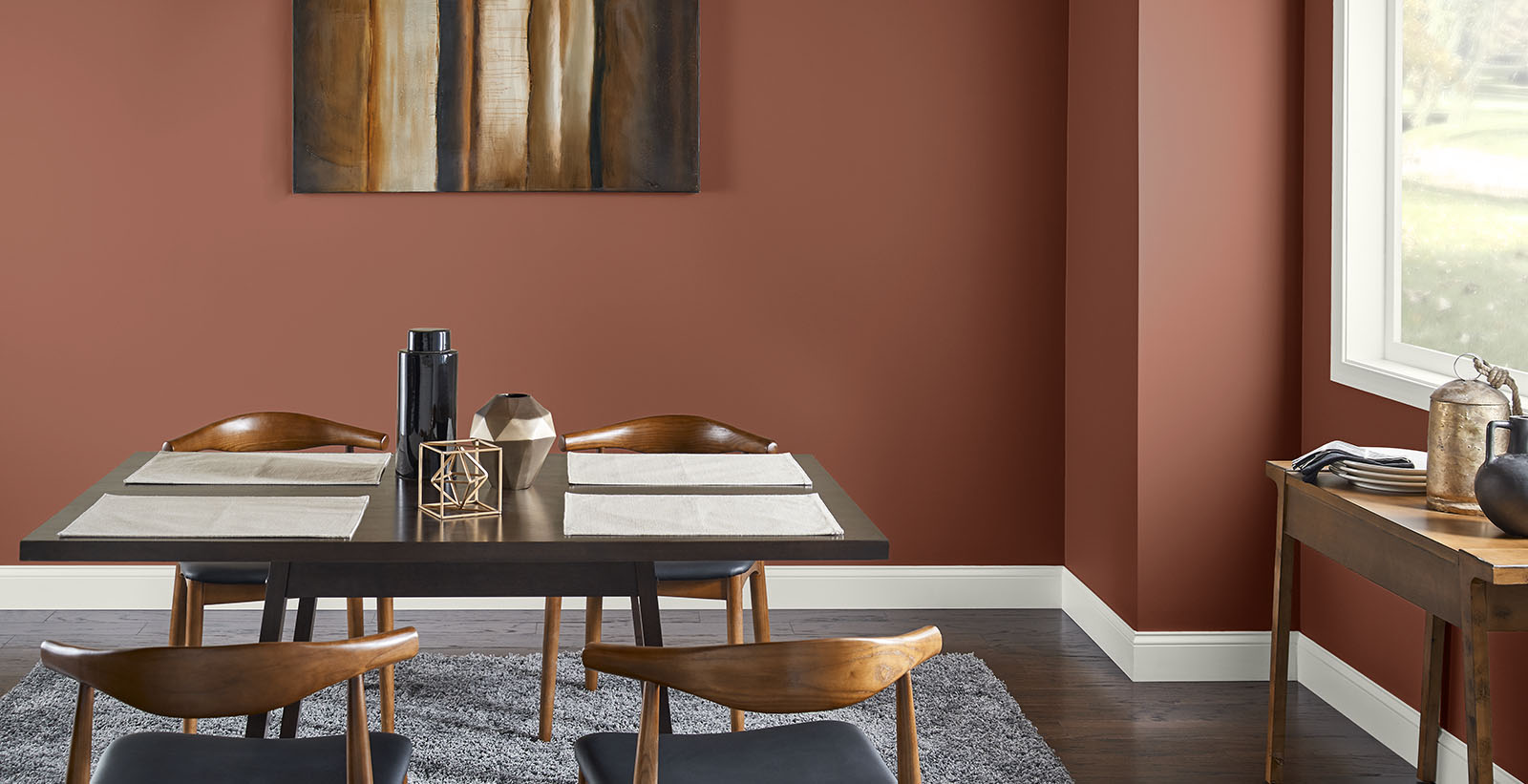 red modern relaxed & serene dining room