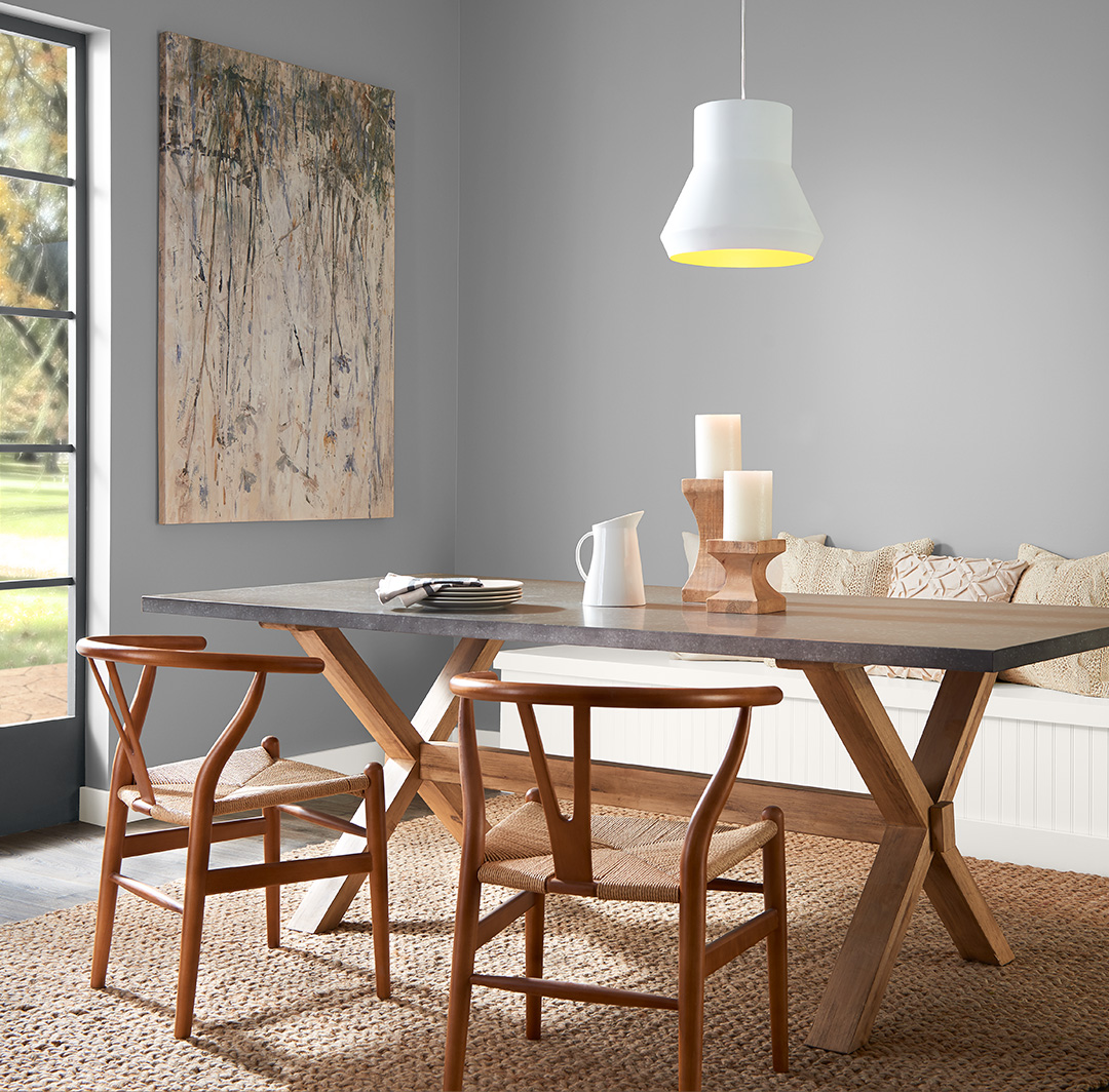 Mobile image of a gray cozy and modern dining room