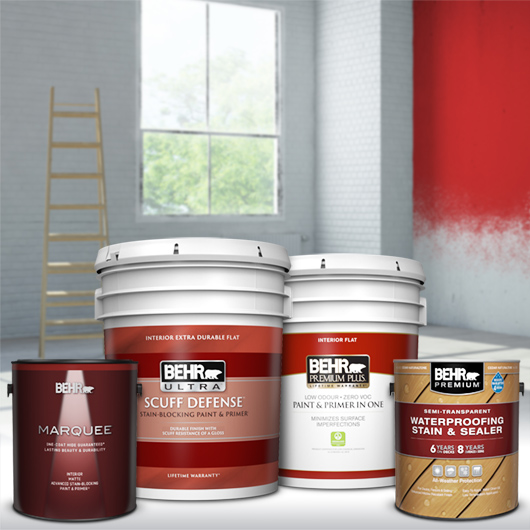 Behr paint and stain products in a room in progress