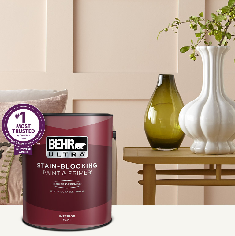 Living room with a pale peach colored wall and a can of Behr Ultra Scuff Defense Interior Paint in the foreground mobile image.