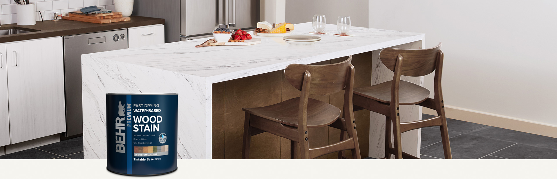 Stained bar stools with Behr interior wood stain in foreground
