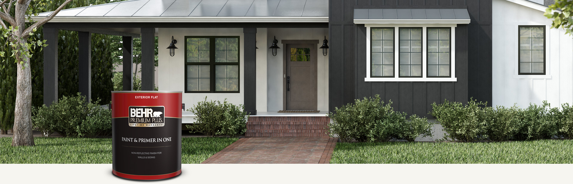 Black and white house exterior with a can of Behr Premium Plus Exterior Flat in foreground