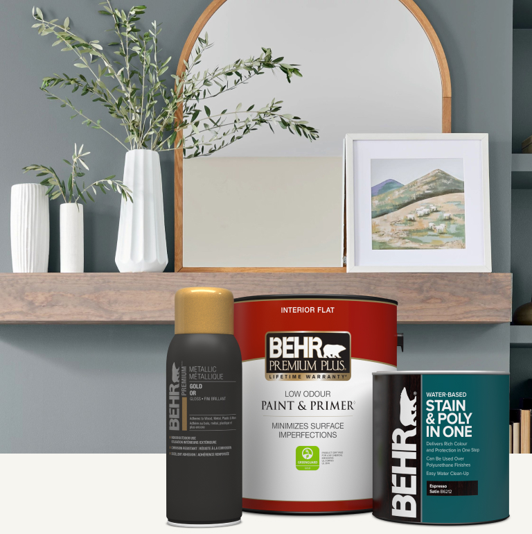 Mobile version of a painted living room with a cluster of Behr paint, spray paint, and interior stain