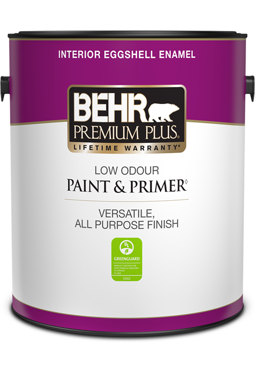 One 3.79 L can of Behr Premium Plus interior paint, eggshell enamel
