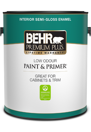 One 3.79 L can of Behr Premium Plus interior paint, semi-gloss enamel