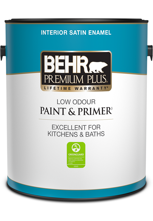 One 3.79 L can of Behr Premium Plus interior paint, satin enamel