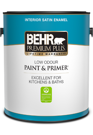 One 3.79 L can of Behr Premium Plus interior paint, satin enamel