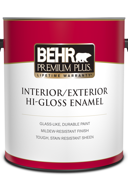 One 3.79 L can of Behr Premium Plus interior/exterior paint, hi-gloss enamel