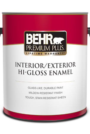 One 3.79 L can of Behr Premium Plus interior/exterior paint, hi-gloss enamel